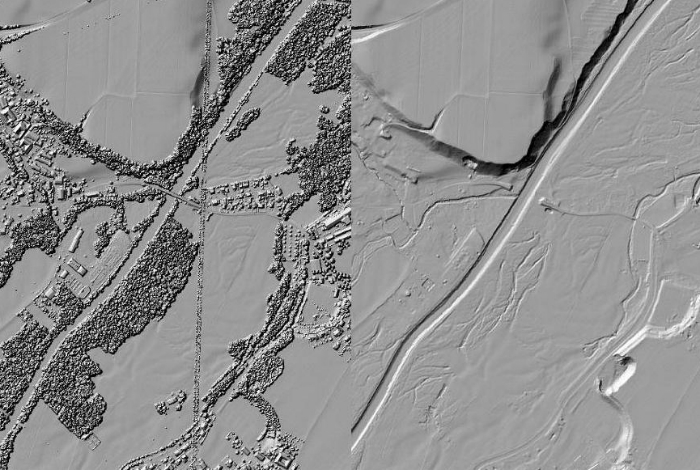 DOM (Gelände inkl. Vegetation/Bebauung) vs. DGM (Gelände), jeweils als Schummerung