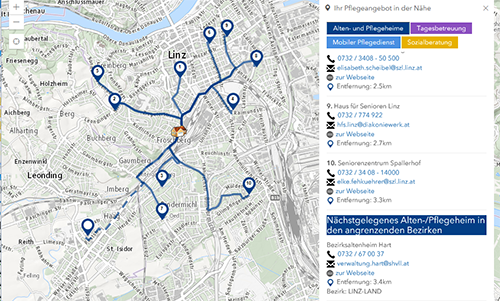 Screenshot der Karten-Applikation Pflegeangebote in OÖ